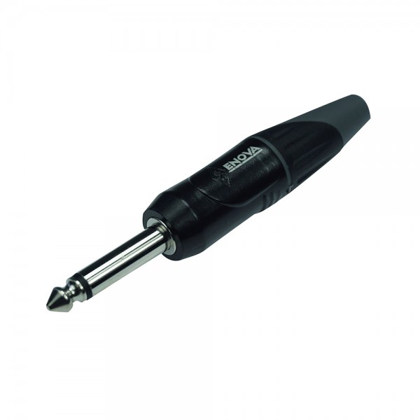 Connettore JACK 6.35 mm 1/4, maschio volante mono 2 poli, colore nero, pressa cavo grigio Connettore JACK 6.35 mm 1/4, maschio volante mono 2 poli, colore nero, pressa cavo grigio