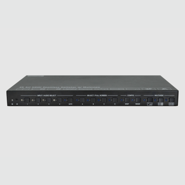 Switcher scaler 4K Multi-view HDMI. Dispone di quattro ingressi e un'uscita HDMI