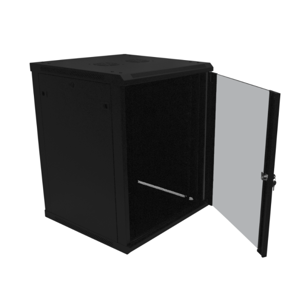 Rack in metallo 19" standard, montaggio a parete, profondità 600 mm, porta in vetro