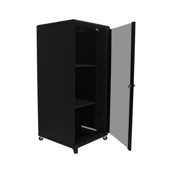 Rack in metallo 19" standard, da pavimento, profondità 600 mm,  porta in vetro