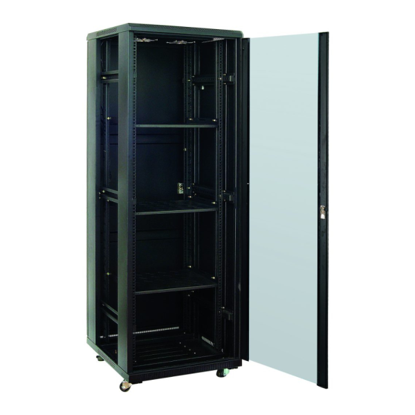 Rack in metallo 19" standard, da pavimento, profondità 600 mm,  porta in vetro