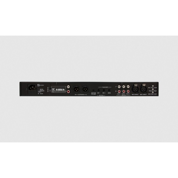 Stereo Rack Mixer 1U, 2 ingressi microfonici JACK/XLR, 3 ingressi linea stereo RCA, 1 ingresso linea
