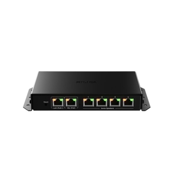 Amplificatore PoE, rete Dante integrata, capace di controllare 4 altoparlanti Sonia C5 da soffitto